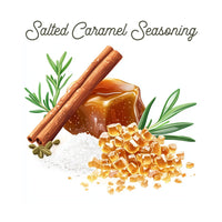 Thumbnail for Illustration of all-natural caramel blend ingredients—caramel chunks, sea salt, cinnamon sticks, and green herbs—with Salted Caramel Seasoning 🍯 written above in cursive font.