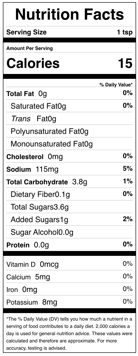 Black and white nutrition facts for Salted Caramel Seasoning 🍯: per 1 tsp serving—15 calories, 0g fat, 115mg sodium, 3.8g carbs, 1g fiber, 0g sugar, no vitamins or iron.