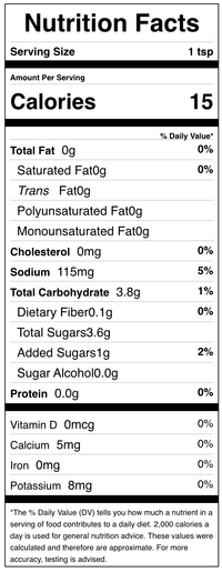 Thumbnail for Black and white nutrition facts for Salted Caramel Seasoning 🍯: per 1 tsp serving—15 calories, 0g fat, 115mg sodium, 3.8g carbs, 1g fiber, 0g sugar, no vitamins or iron.