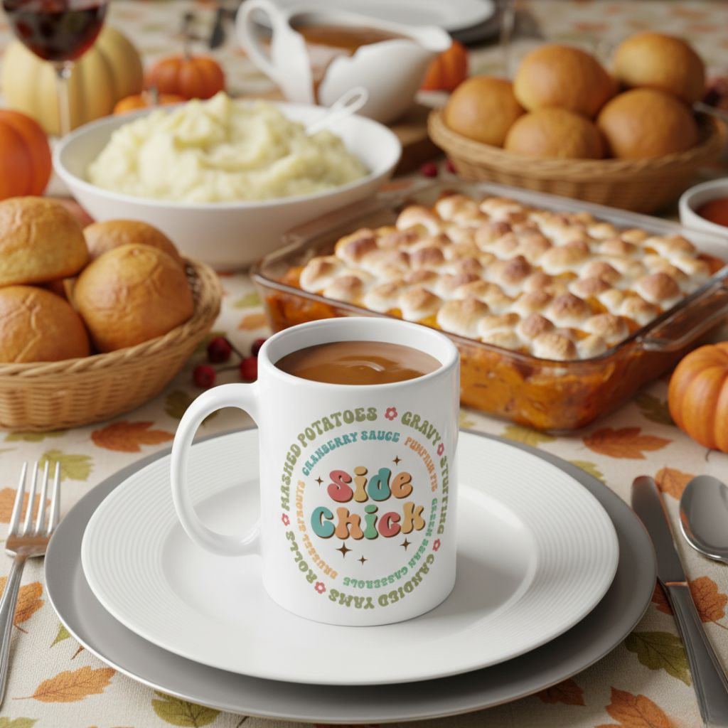 Side Chick mug – white ceramic coffee cup with funny Thanksgiving design on both sides