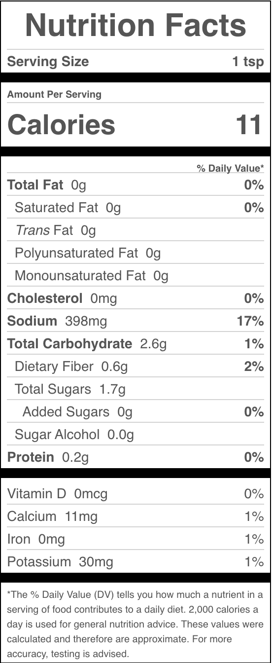 Black and white nutrition facts label for a 1 tsp serving of Smoked Tea Rub š„: 11 calories, 0g fat, 398mg sodium, 2.6g carbs (1.7g sugars), smoky Lapsang Souchong flavor, plus listed vitamins and minerals percentages.