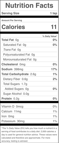 Thumbnail for Black and white nutrition facts label for a 1 tsp serving of Smoked Tea Rub š„: 11 calories, 0g fat, 398mg sodium, 2.6g carbs (1.7g sugars), smoky Lapsang Souchong flavor, plus listed vitamins and minerals percentages.