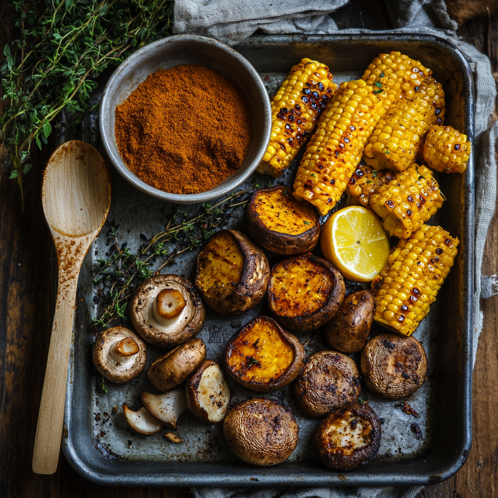 A tray with grilled corn, Lapsang Souchongāspiced mushrooms, roasted potatoes, lemon wedge, fresh herbs, and a bowl of Smoked Tea Rub š„ on a rustic surface next to a wooden spoon.
