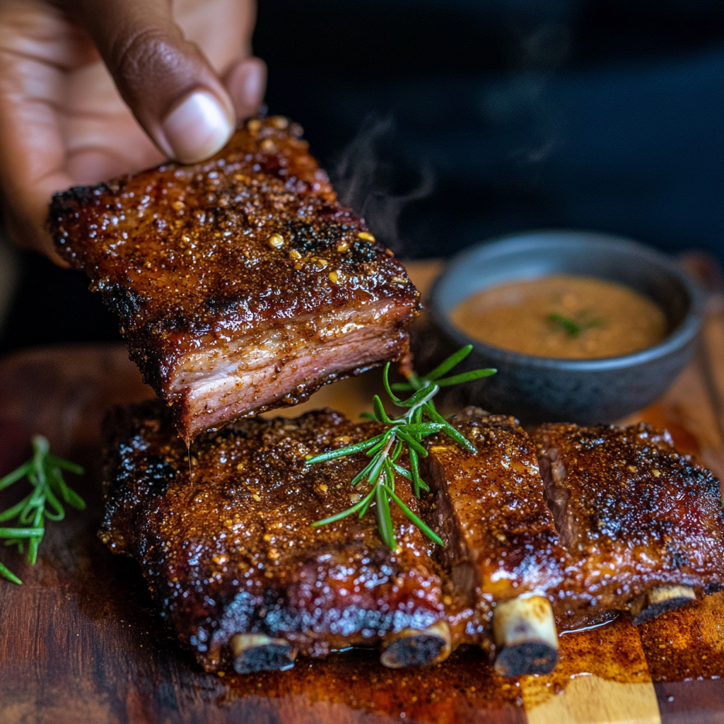 Close-up of a hand picking up a saucy, glazed rib from a wooden board with several ribs, garnished with fresh rosemary, and served with a bowl of dipping sauce featuring the rich smoky flavor of Smoked Tea Rub š„.