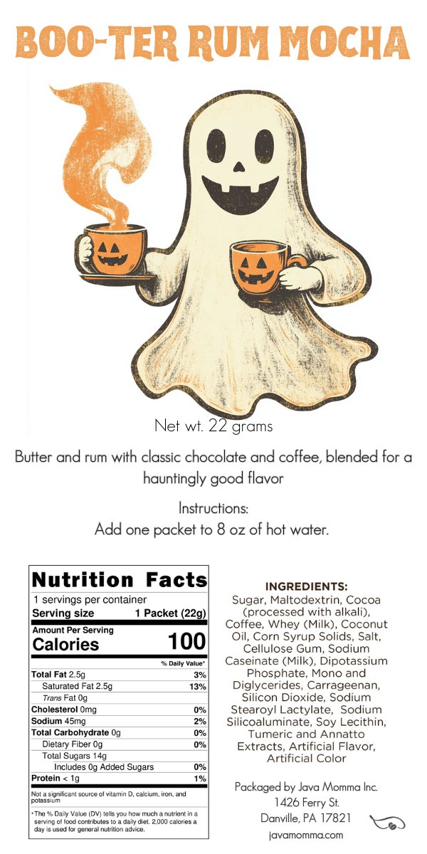 A cheerful cartoon ghost holds two steaming mugs under the text “Boo-ter Rum Mocha.” Below, info appears for 🎃 Spooky Mocha Set – Limited Edition Halloween Mocha Variety Pack (5 Single-Serve Packets): nutrition, ingredients, prep, and company.