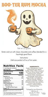 Thumbnail for A cheerful cartoon ghost holds two steaming mugs under the text “Boo-ter Rum Mocha.” Below, info appears for 🎃 Spooky Mocha Set – Limited Edition Halloween Mocha Variety Pack (5 Single-Serve Packets): nutrition, ingredients, prep, and company.