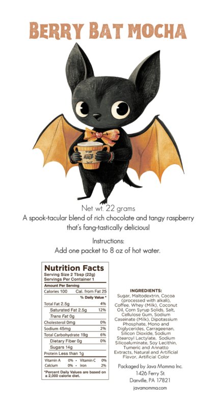 A cute cartoon bat with orange wings holds a cup of spooky coffee. Text above reads 🎃 Spooky Mocha Set – Limited Edition Halloween Mocha Variety Pack (5 Single-Serve Packets). Details and instructions appear below on a white background.