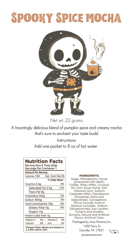 A festive skeleton in a pumpkin costume holds a mug, featuring our 🎃 Spooky Mocha Set – Limited Edition Halloween Mocha Variety Pack (5 single-serve packets). See below for nutrition facts, ingredients, and instructions to add 1 packet to 8 oz hot water.