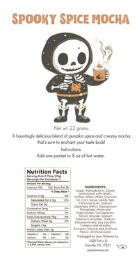 Thumbnail for A festive skeleton in a pumpkin costume holds a mug, featuring our 🎃 Spooky Mocha Set – Limited Edition Halloween Mocha Variety Pack (5 single-serve packets). See below for nutrition facts, ingredients, and instructions to add 1 packet to 8 oz hot water.