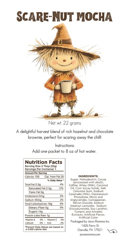 A smiling scarecrow holding a mug stands above text for 🎃 Spooky Mocha Set – Limited Edition Halloween Mocha Variety Pack (5 Single-Serve Packets), with description, instructions, nutrition facts, and ingredients on a white background.