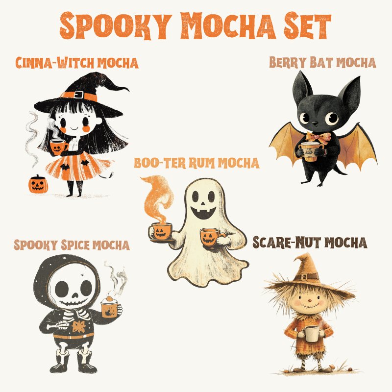 Five Halloween characters, each sipping from the 🎃 Spooky Mocha Set – Limited Edition Halloween Mocha Variety Pack (5 Single-Serve Packets): Cinna-Witch, Berry Bat, Boo-ter Rum, Spooky Spice, and Scare-Nut Mochas.