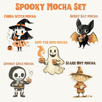 Thumbnail for Five Halloween characters, each sipping from the 🎃 Spooky Mocha Set – Limited Edition Halloween Mocha Variety Pack (5 Single-Serve Packets): Cinna-Witch, Berry Bat, Boo-ter Rum, Spooky Spice, and Scare-Nut Mochas.