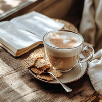 Thumbnail for A glass mug of frothy coffee with a spoon and Stroopwafel Just the Cookies 🧇 – 100g Bag of Sweet Snacking Bliss rests on a saucer beside an open book on a sunlit wooden table.