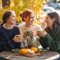 Thumbnail for Three young women in cozy sweaters enjoy mugs of Fall Into Fall Coffee Sampler đâfeaturing 3 seasonal flavorsâat an outdoor table decorated with pumpkins and cinnamon sticks, surrounded by autumn leaves for a festive, warm fall vibe.
