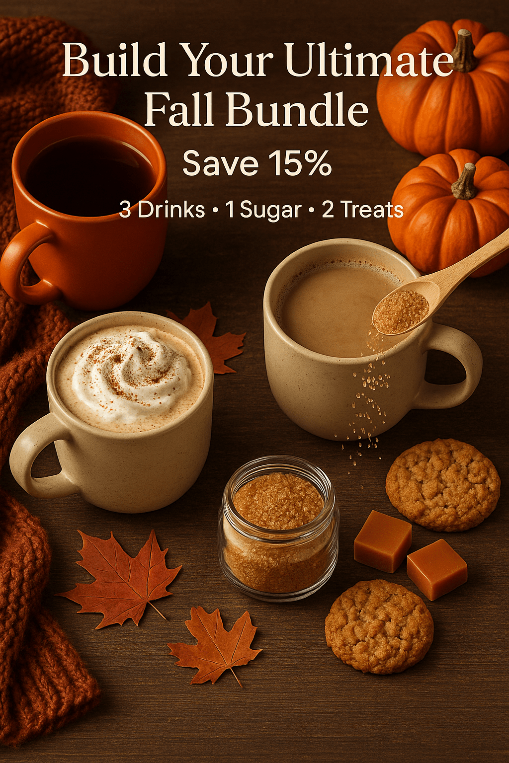 A cozy fall display with coffee mugs, cookies, caramels, pumpkins, and a brown scarf highlights the "Build Your Ultimate Fall Bundle – Cozy Drinks, Sweet Treats & 15% Off!" offer.
