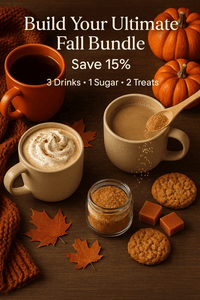 Thumbnail for A cozy fall display with coffee mugs, cookies, caramels, pumpkins, and a brown scarf highlights the