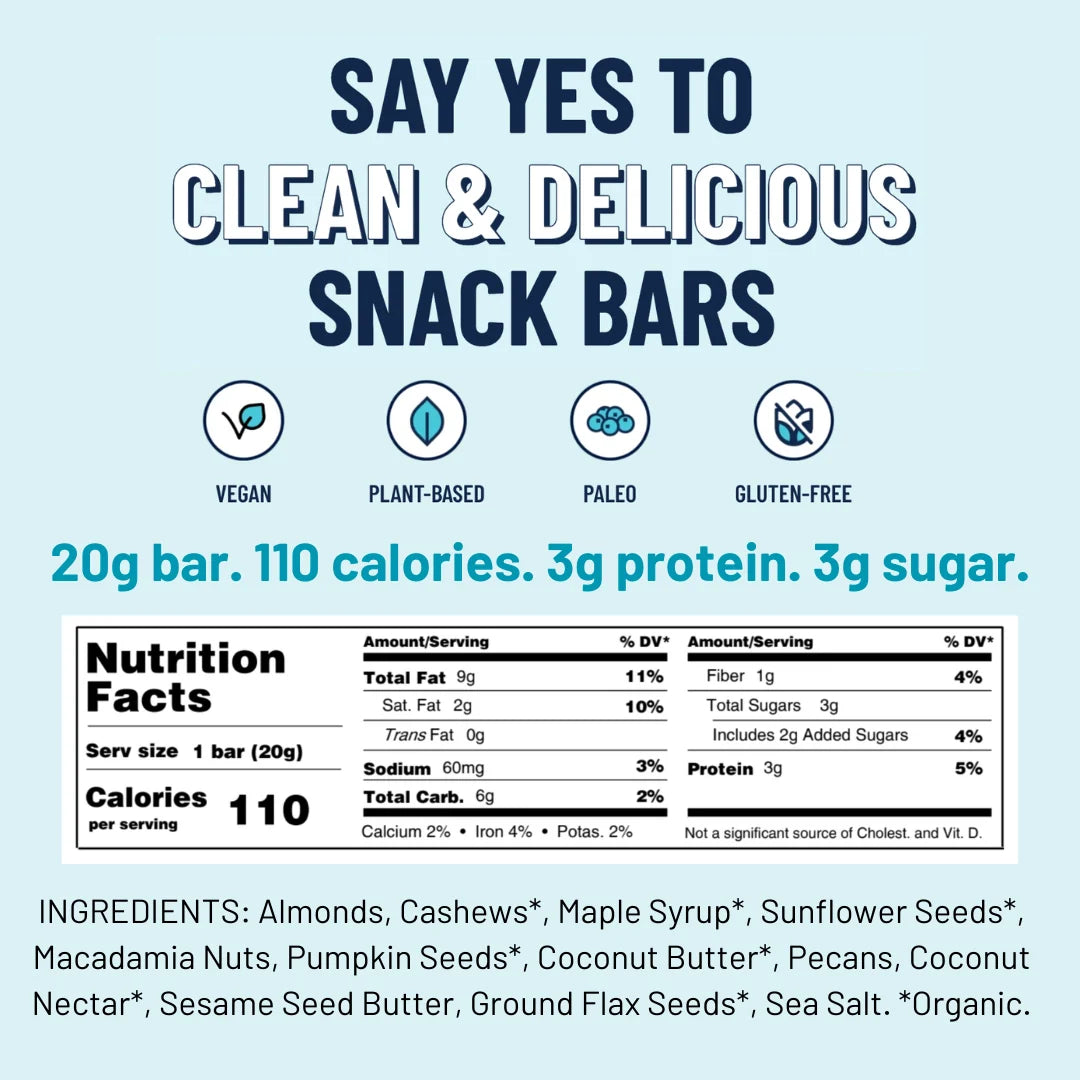 A graphic for the Maple Pecan MINI YES Bar®—a sweet, salty, plant-based, paleo, gluten-free snack—shows nutrition facts and ingredients: each 20g bar has 110 calories, 3g protein, and 3g sugar.