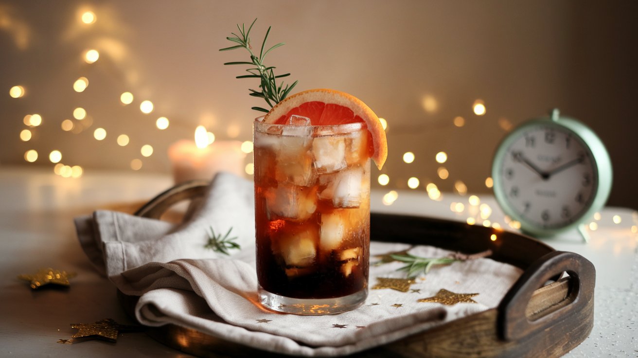 A tall glass of Smoked Rosemary Coffee Fizz, filled with ice, garnished with a rosemary sprig and a slice of grapefruit, set against a cozy, festive New Year’s Eve backdrop.