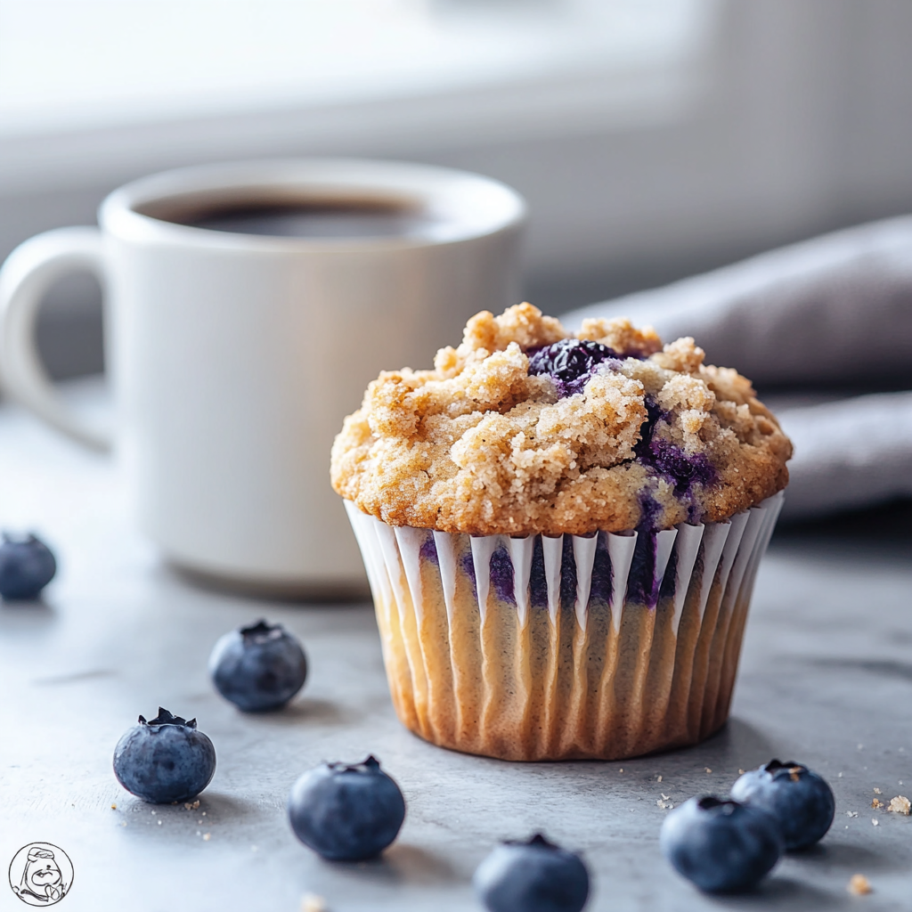 A golden blueberry coffee crumble muffin with a crunchy streusel topping sits on a marble countertop, surrounded by fresh blueberries, with a steaming cup of coffee in the background.