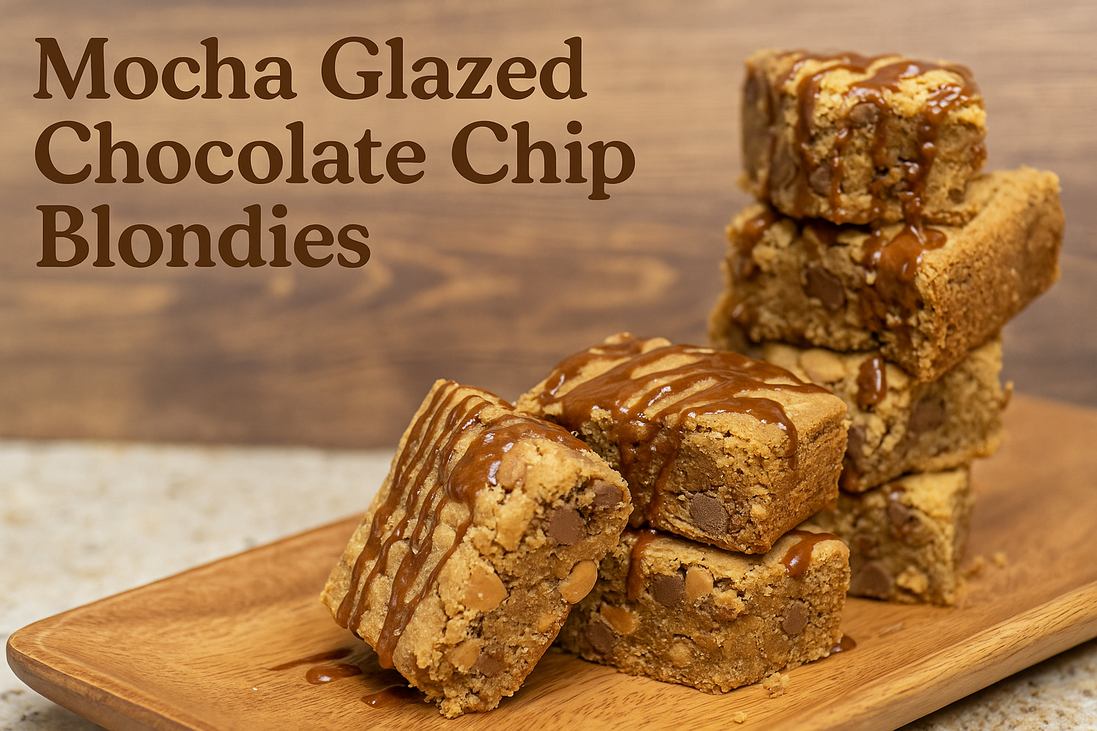 A warm, horizontal image of Mocha Glazed Chocolate Chip Blondies stacked and drizzled with mocha glaze, sitting on a wooden tray in front of a rustic wood background. The text overlay reads “Mocha Glazed Chocolate Chip Blondies.”
