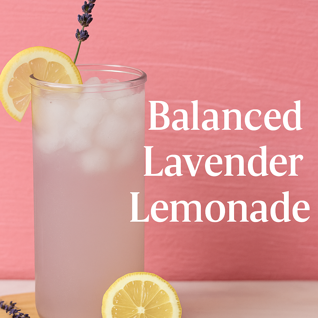 A tall glass of lavender lemonade filled with ice, garnished with a lemon wheel and a sprig of lavender, set against a soft pink background. Text overlay reads “Balanced Lavender Lemonade.”