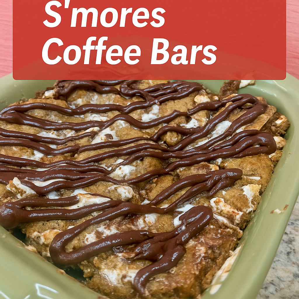 Horizontal blog feature image of S’mores Coffee Bars in a green baking dish, topped with marshmallow creme and drizzled with rich chocolate coffee glaze. Bold white text on a red banner reads 'S’mores Coffee Bars' with a pink wall background.