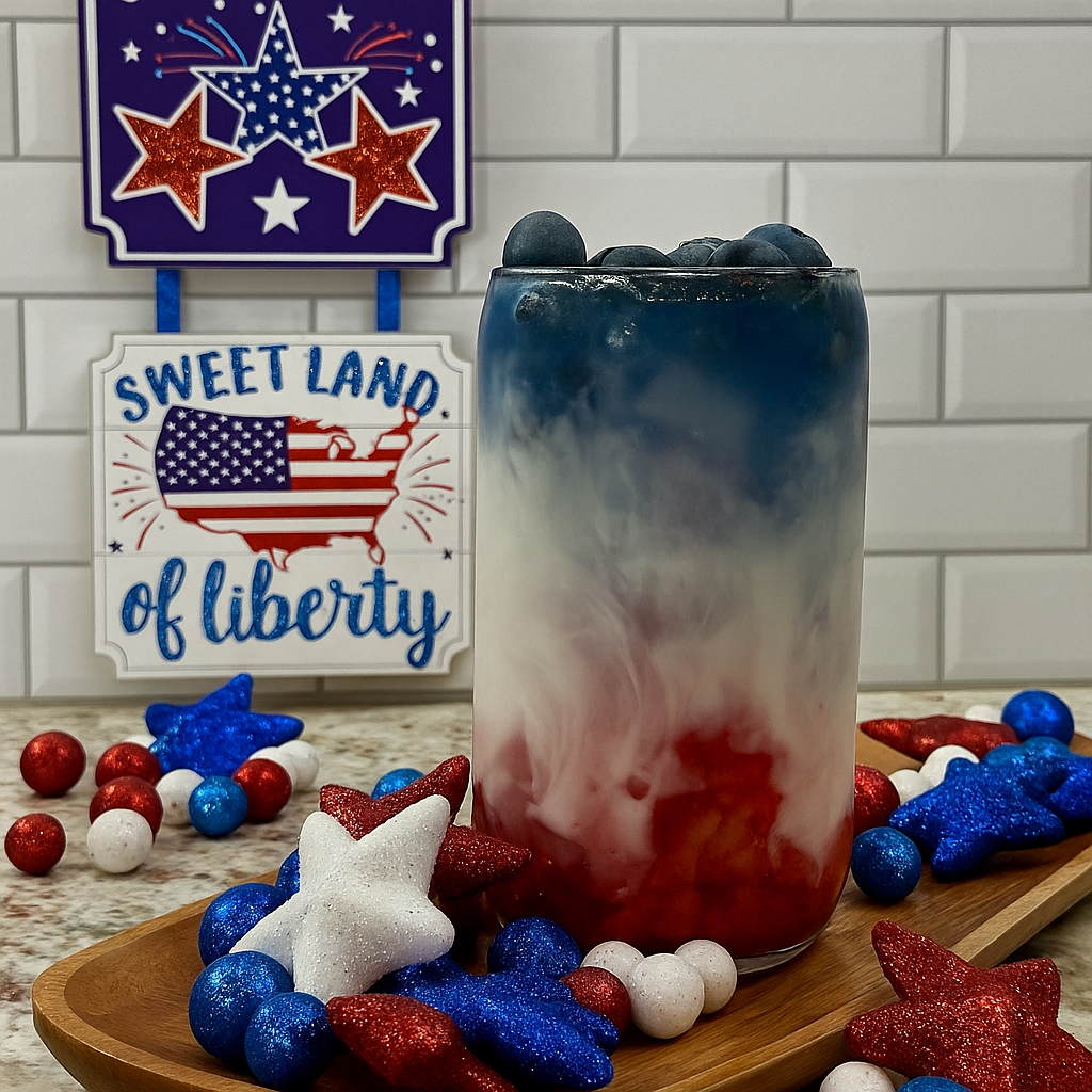 Blog feature image of a Red, White & Blue Tea Latte with colorful layers of strawberry, milk, and blueberry tea, styled with festive patriotic decorations and a 'Sweet Land of Liberty' sign in the background.