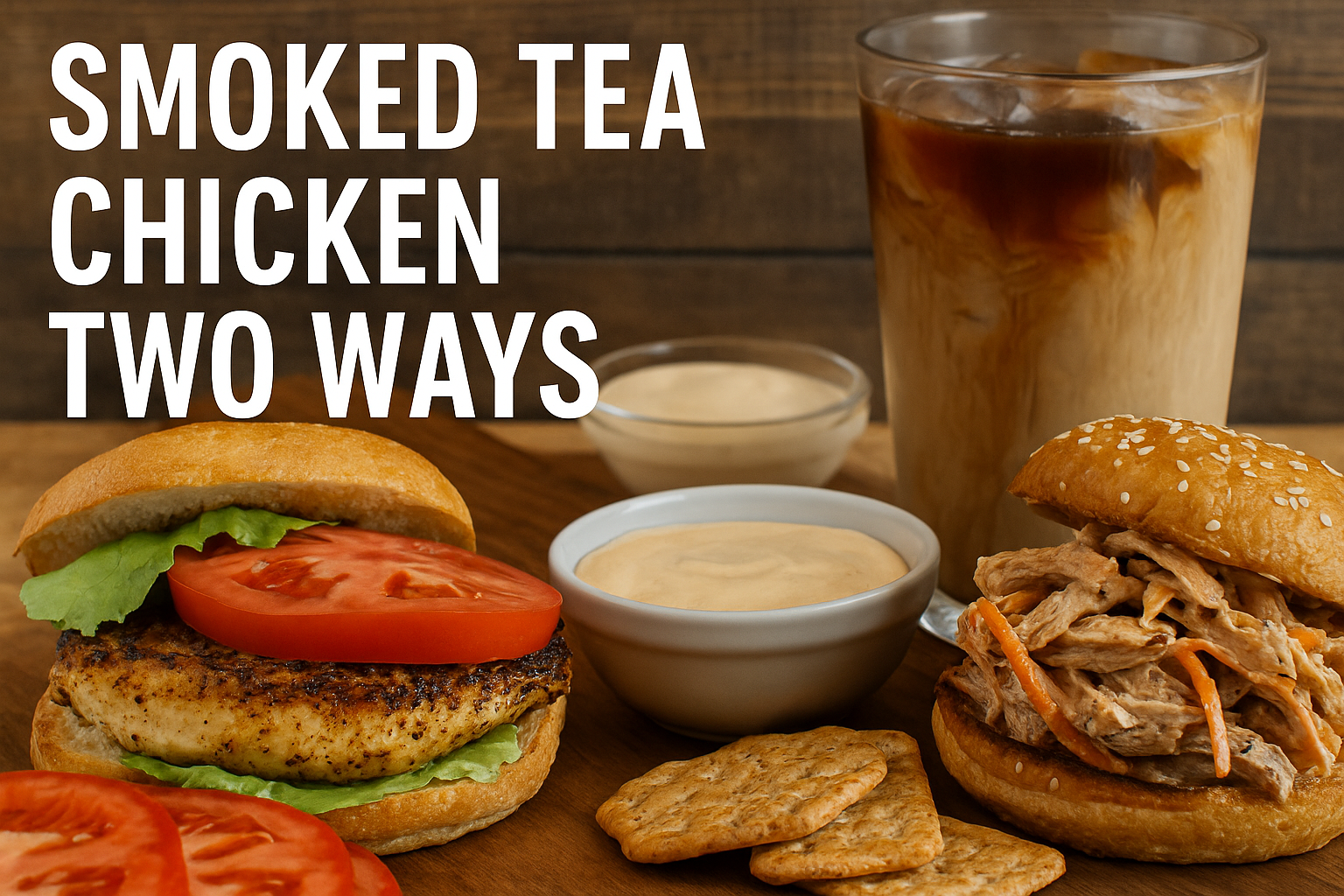 A plate of grilled chicken sandwiches on Kaiser rolls with lettuce and tomato, alongside a bowl of tea-rubbed chicken salad mixed with celery and carrots, garnished with crackers and a small dish of Bourbon Maple Hops mayo.