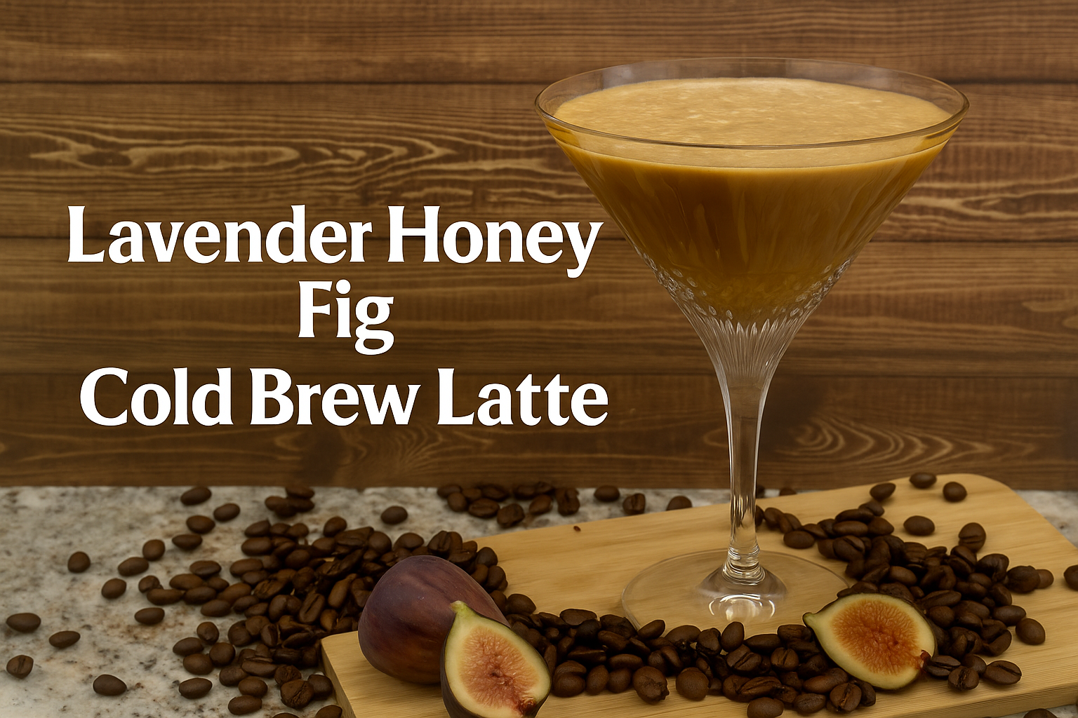 Horizontal feature image of a Lavender Honey Fig Cold Brew Latte served in a crystal martini glass, set on a wooden board with coffee beans and fresh figs. Text overlay reads ‘Lavender Honey Fig Cold Brew Latte Recipe’ against a rustic wood background.