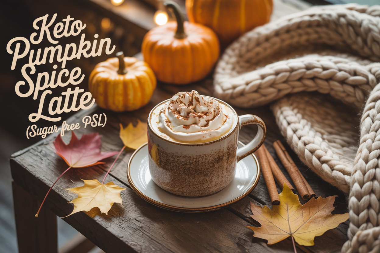 Keto Pumpkin Spice Latte in a rustic mug topped with sugar-free whipped cream and cinnamon, on a wooden table with autumn leaves, cinnamon sticks, pumpkins, and a chunky knit blanket. Overlay text reads Keto Pumpkin Spice Latte (Sugar-Free PSL).