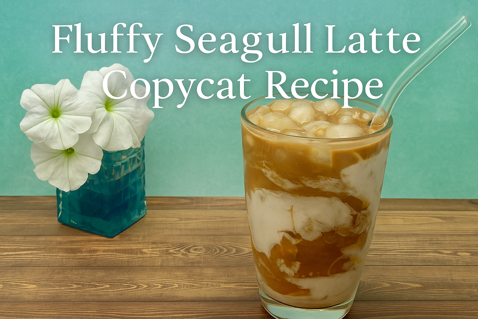 Iced latte in clear glass with visible swirls of peanut butter and marshmallow fluff, styled for Pinterest with recipe title overlay: Fluffy Seagull Latte Copycat Recipe.