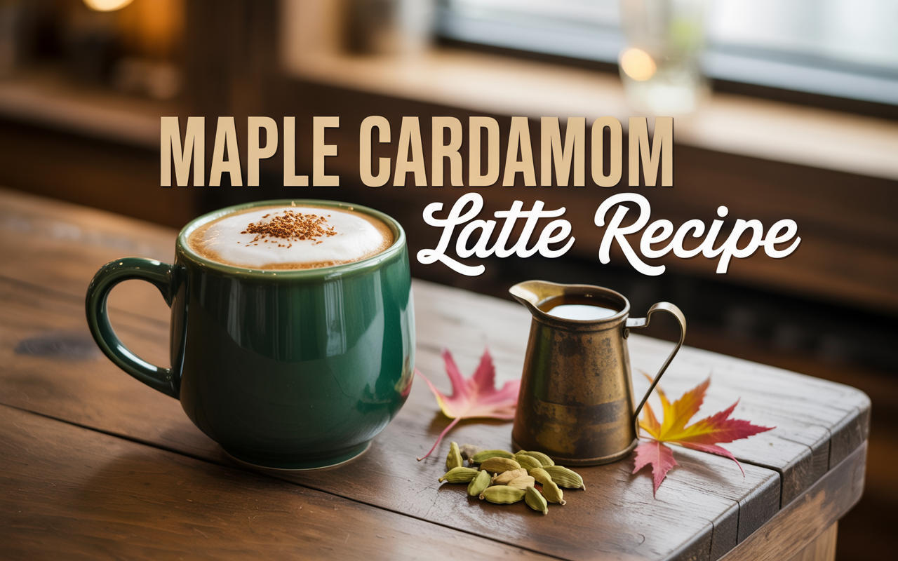 Maple Cardamom Latte in an emerald green glass mug topped with foam and cardamom dusting, styled on a rustic wooden table with maple syrup, cardamom pods, and autumn leaves. Overlay text reads Maple Cardamom Latte Recipe.