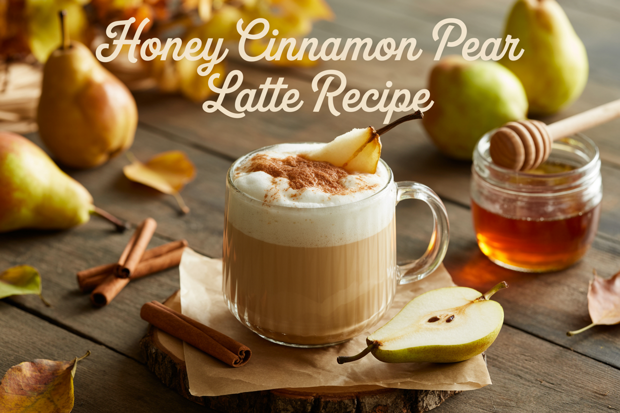 Honey Cinnamon Pear Latte in a clear glass mug topped with frothy milk and cinnamon, styled on a rustic wooden table with fresh pears, honey jar, cinnamon sticks, and autumn leaves. Overlay text reads Honey Cinnamon Pear Latte Recipe.