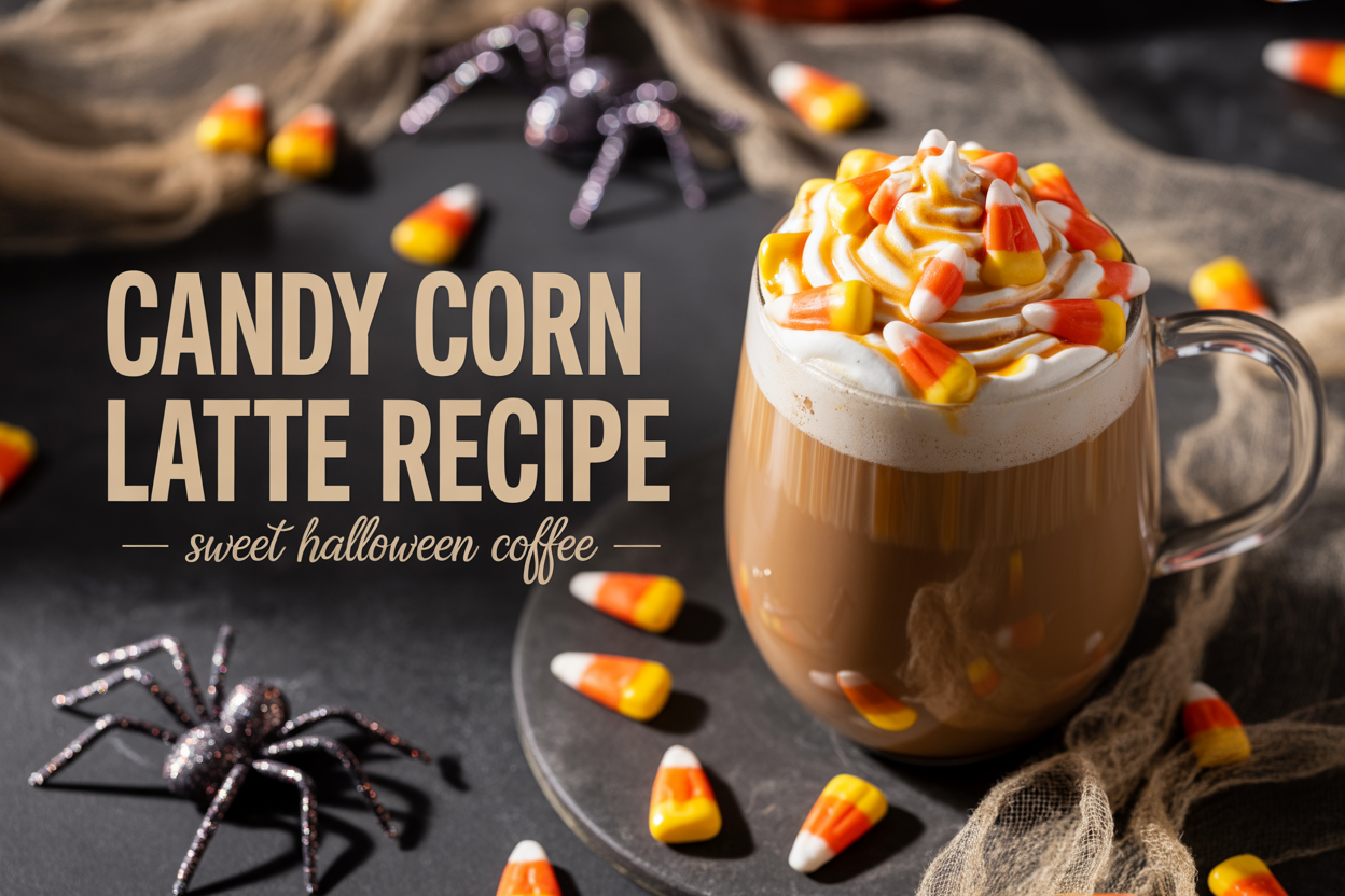 Candy Corn Latte in a clear glass topped with whipped cream and candy corn pieces on a dark Halloween-style table with spiders and webbing. Overlay text reads ‘Candy Corn Latte Recipe’