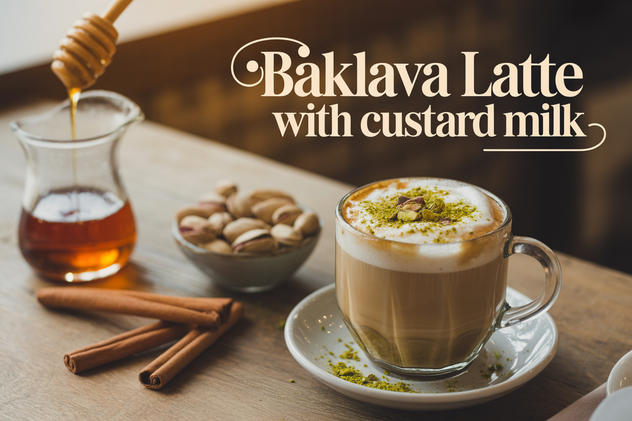 A frothy baklava latte topped with crushed pistachios in a clear glass mug, served on a wooden table with a honey jar, cinnamon sticks, and a bowl of pistachios. Text overlay reads “Baklava Latte with Custard Milk.”