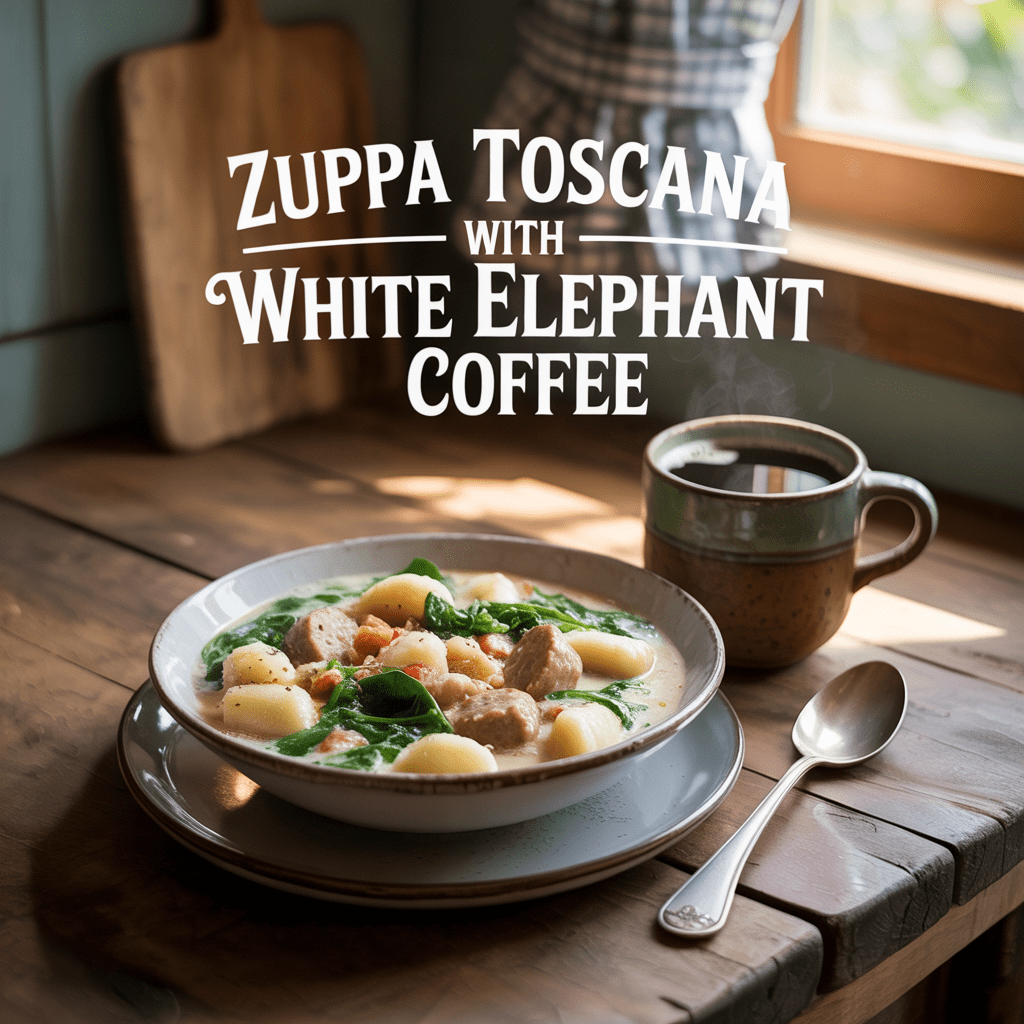 Bowl of creamy Zuppa Toscana soup with sausage, spinach, and gnocchi.