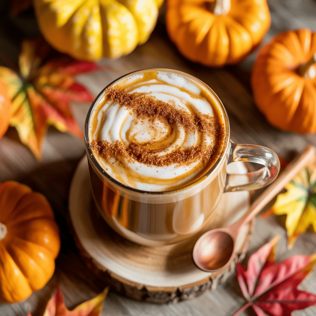 Overhead shot of a glass mug of Maple Sweet Potato Latte with a sprinkle of turbinado cinnamon sugar, styled with fall props (mini pumpkins, autumn leaves). Warm cozy lighting.