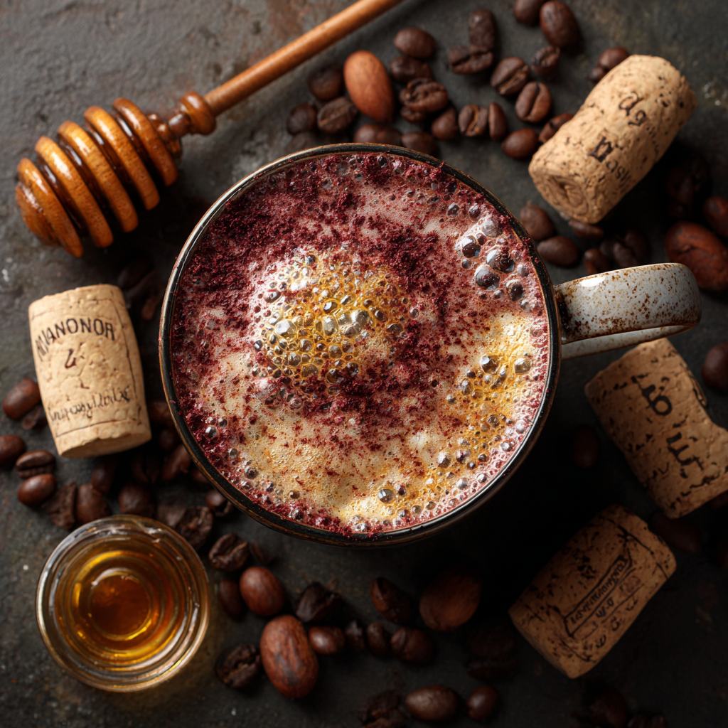 Overhead shot of Red Wine & Honey Latte with frothy top, dusted with cocoa powder, surrounded by wine corks, coffee beans, and a honey dipper. Warm cozy lighting.