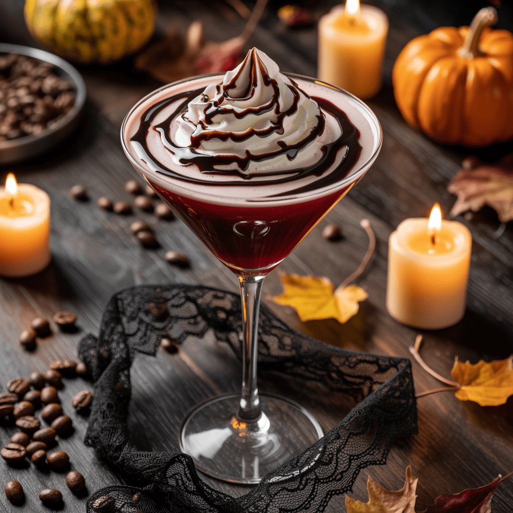 Overhead shot of red and black Halloween drink in a martini glass, chocolate drizzle, whipped cream, surrounded by coffee beans and spooky décor (black lace, candles).