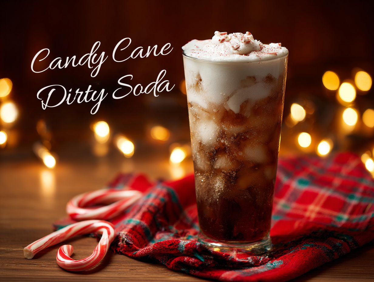 Glass of Candy Cane Lane Dirty Soda layered with coffee, soda, and peppermint cream.
