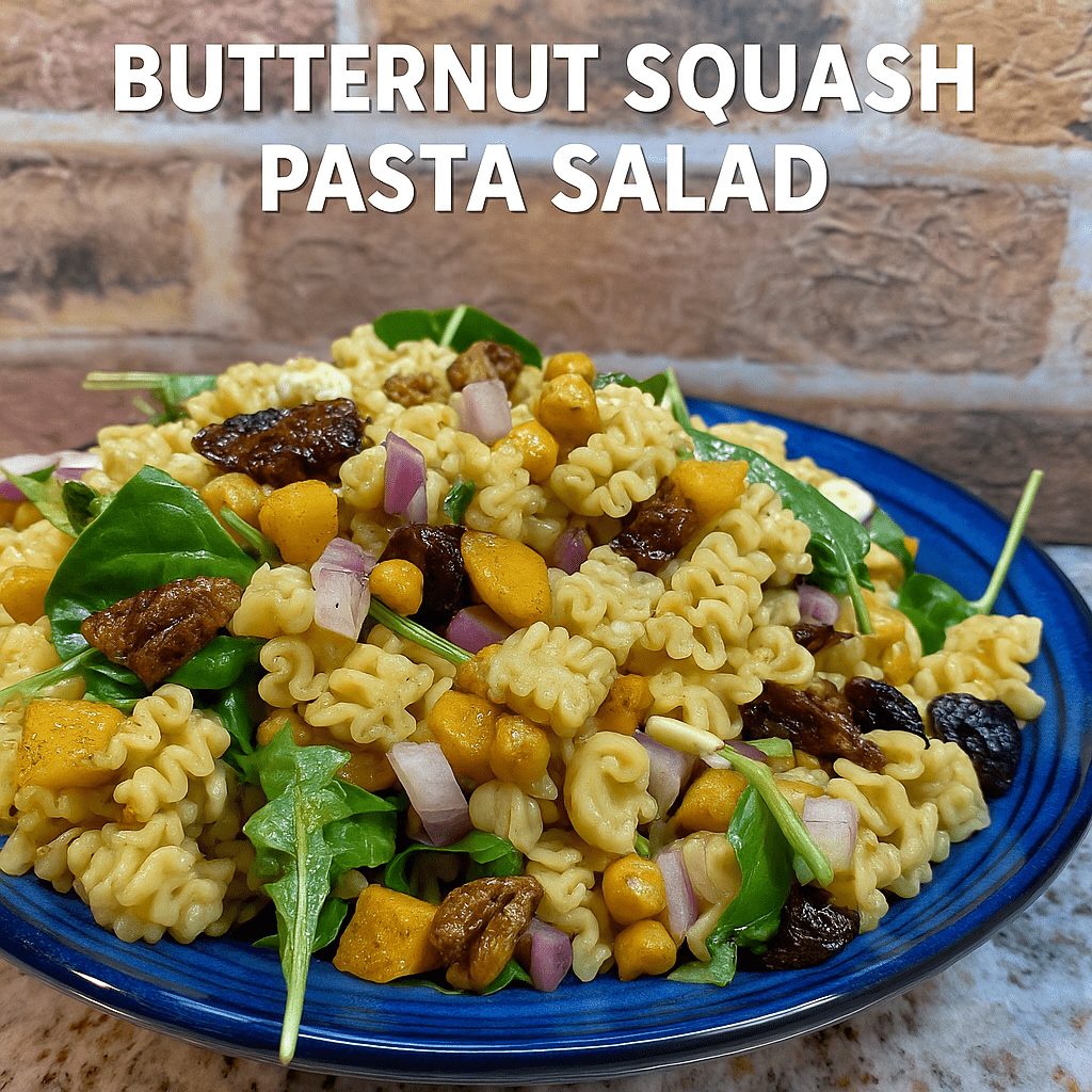 Bowl of fall pasta salad with roasted butternut squash, chickpeas, dried cherries, pecans, greens, and feta.