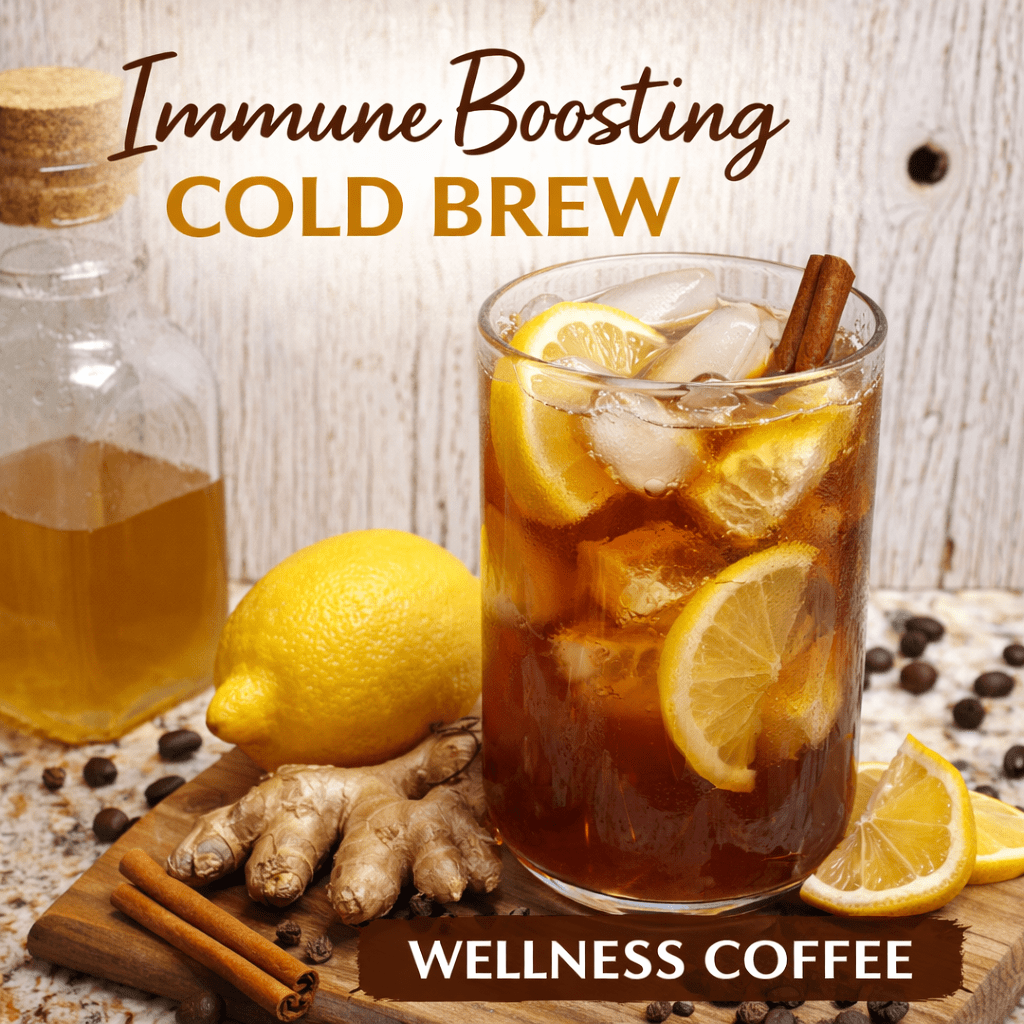 A bold cold brew infused with ginger, lemon, honey, and warming spices for caffeine and immune support all winter long.