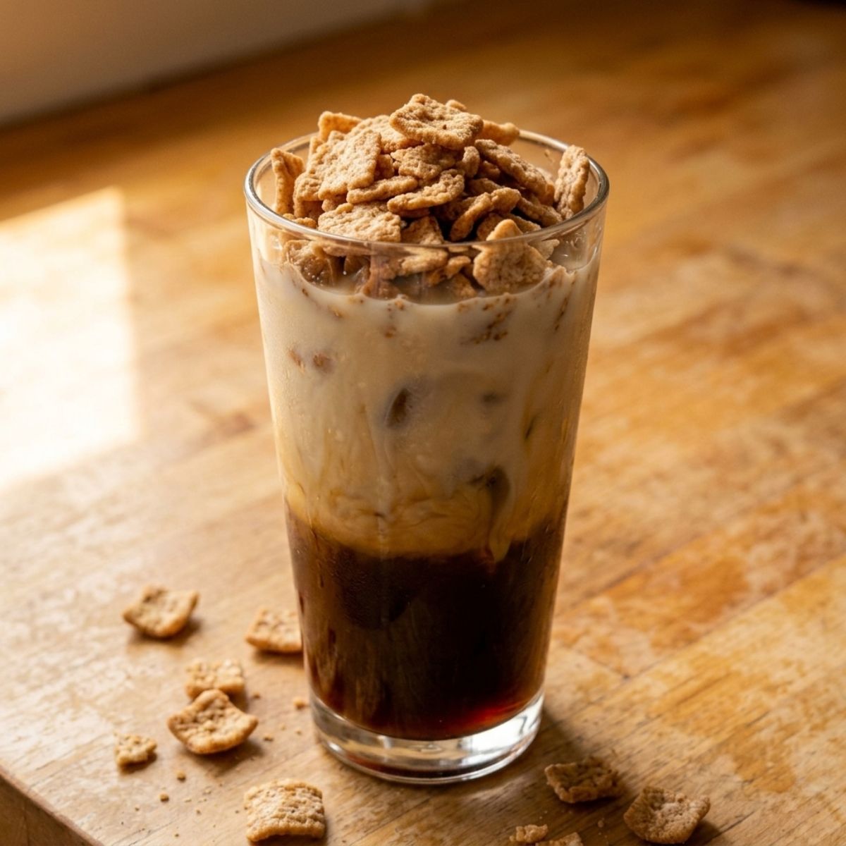 cinnamon crunch latte on wooden surface