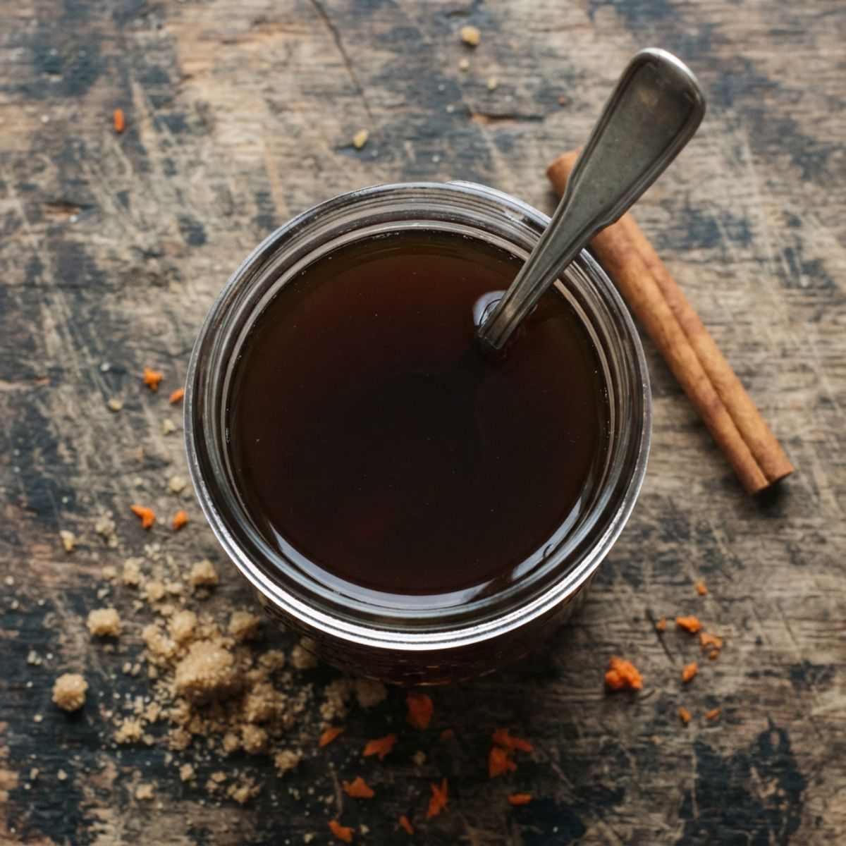Overhead view of an open jar of dark amber carrot cake simple syrup with a spoon, brown sugar crumbles, dried carrot bits, and a cinnamon stick scattered on a worn wood surface