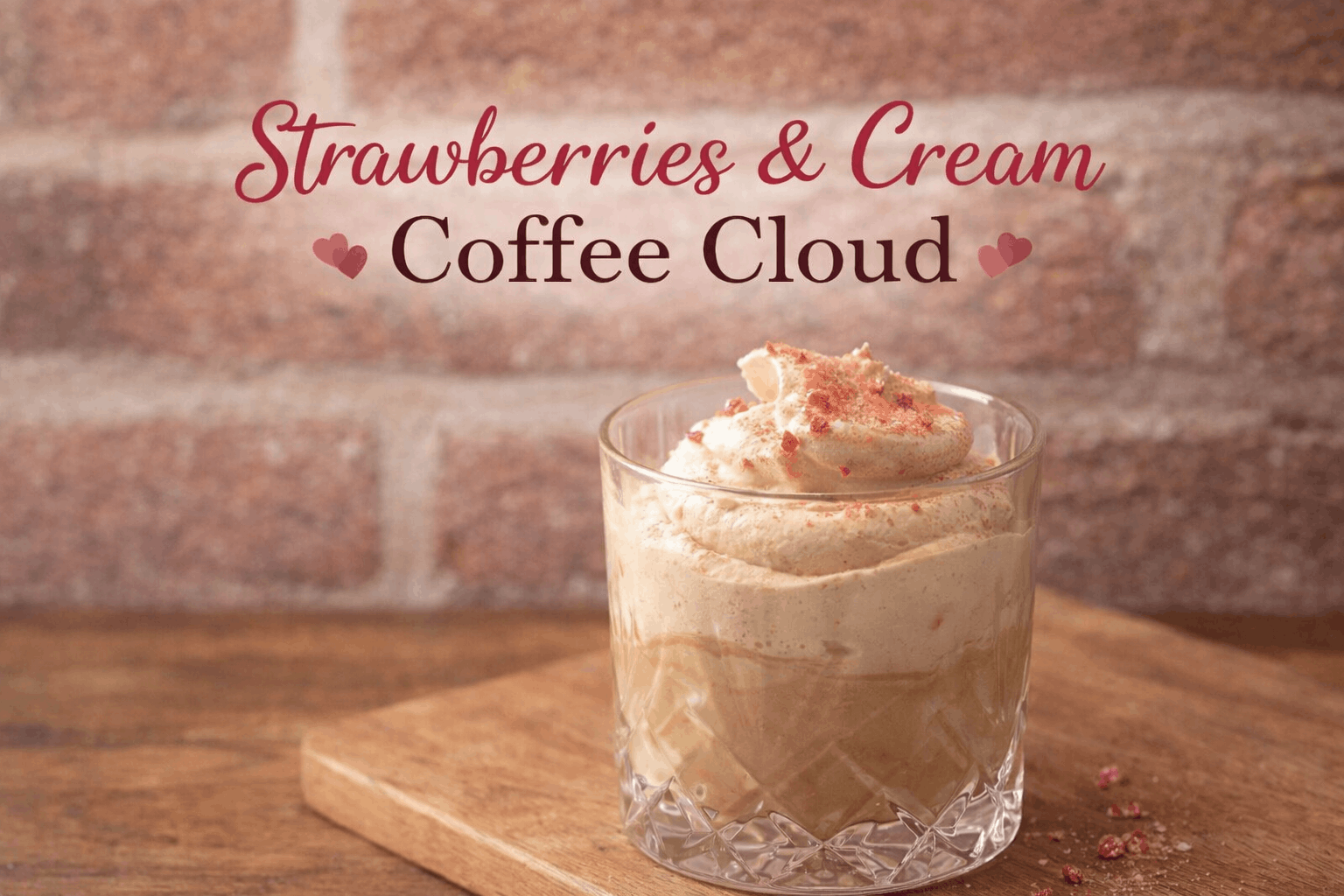 Whipped strawberries and cream coffee cloud in a short glass, topped with airy strawberry cream and set against a warm brick background
