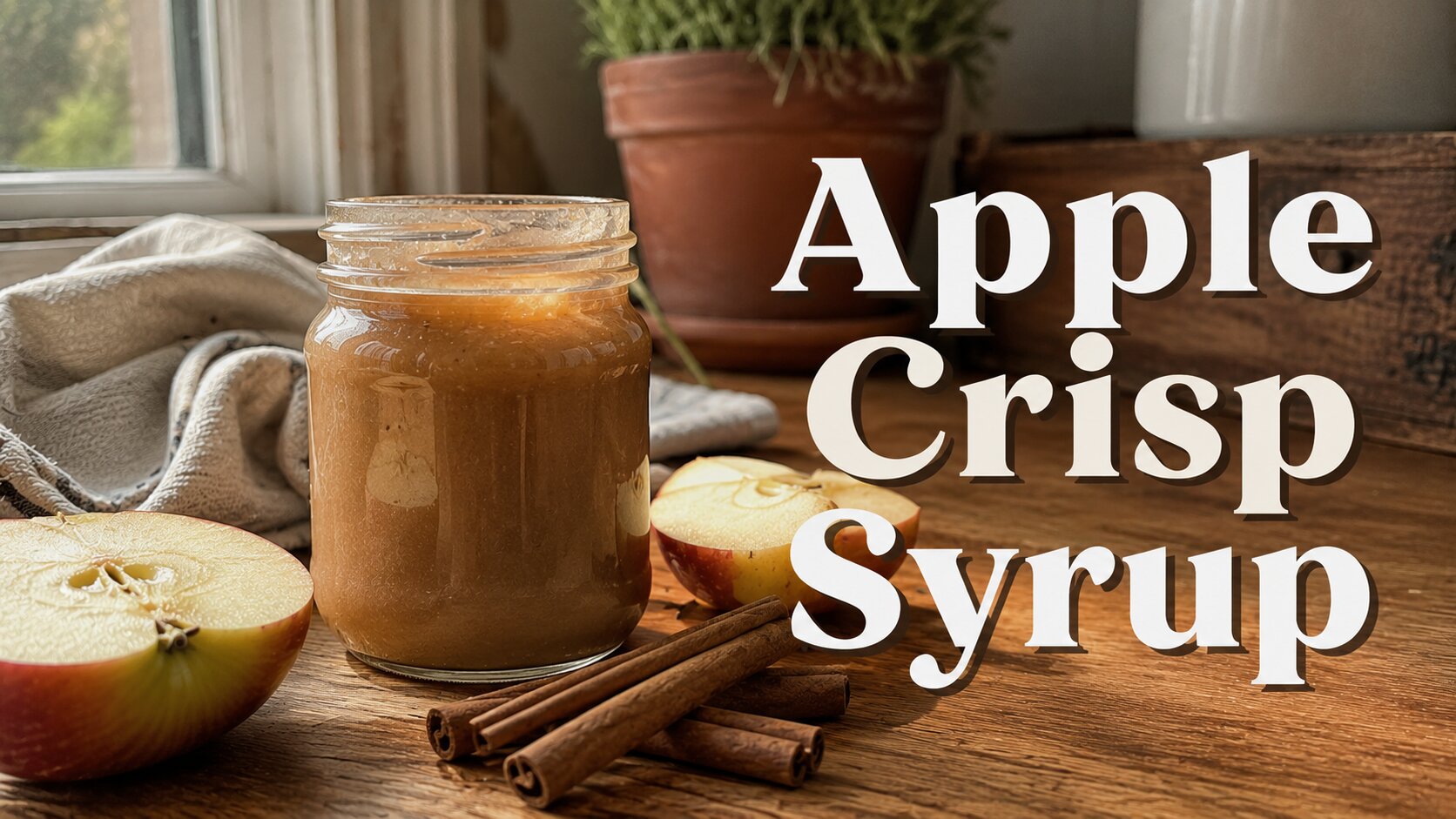 Jar of thick, cloudy apple crisp syrup on a wood counter with cinnamon sticks and sliced apple.