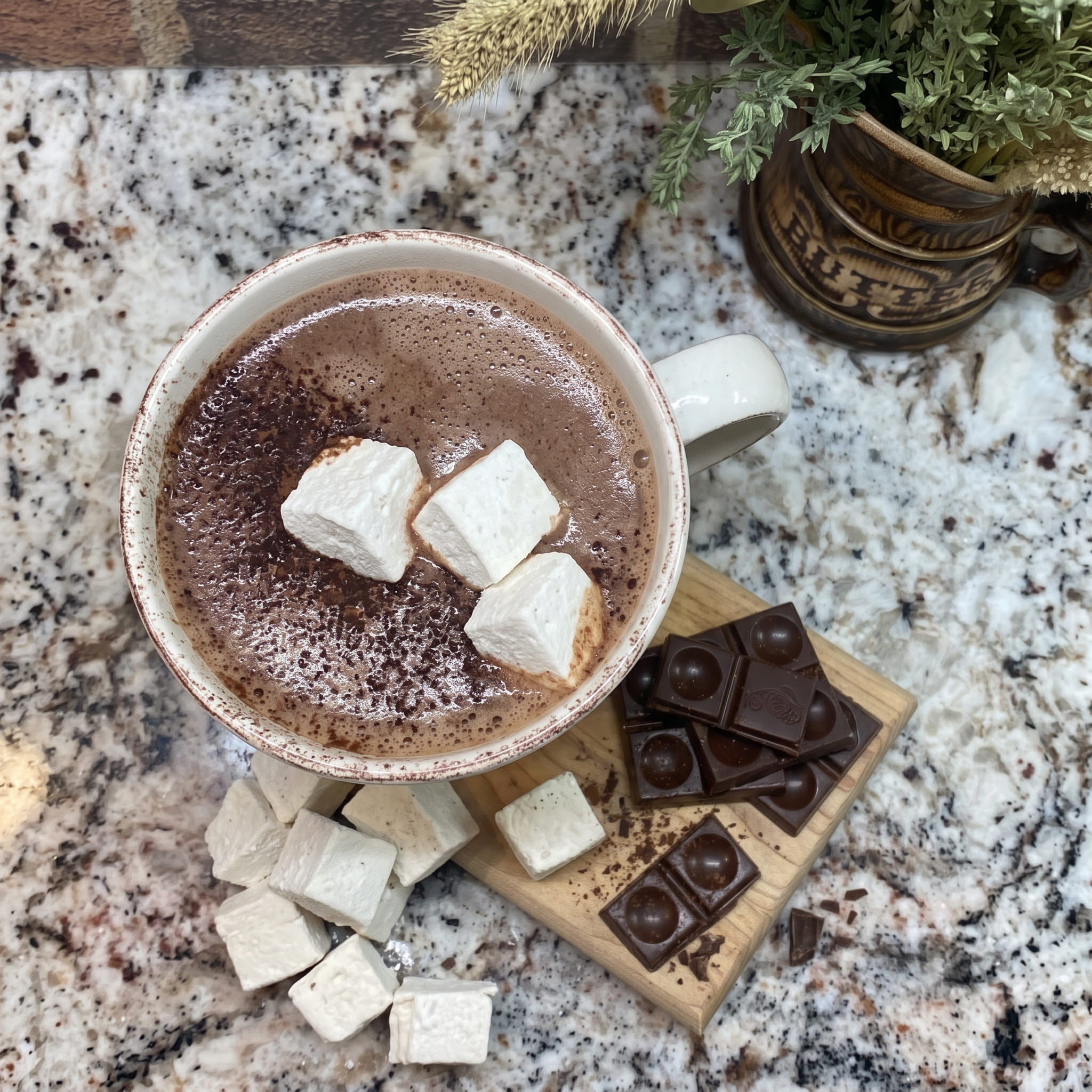 Overhead view of brown butter hot cocoa topped with espresso marshmallows and dusted with cocoa