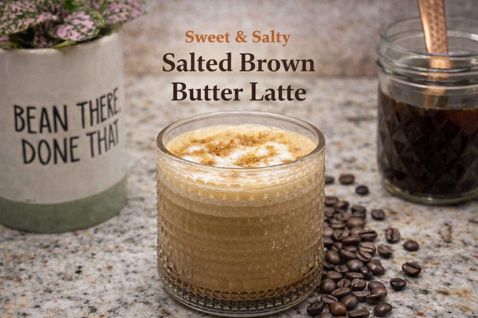 Horizontal image of a salted brown butter latte in a textured glass topped with frothed milk and brown sugar, with text overlay reading “Sweet & Salty Salted Brown Butter Latte.”