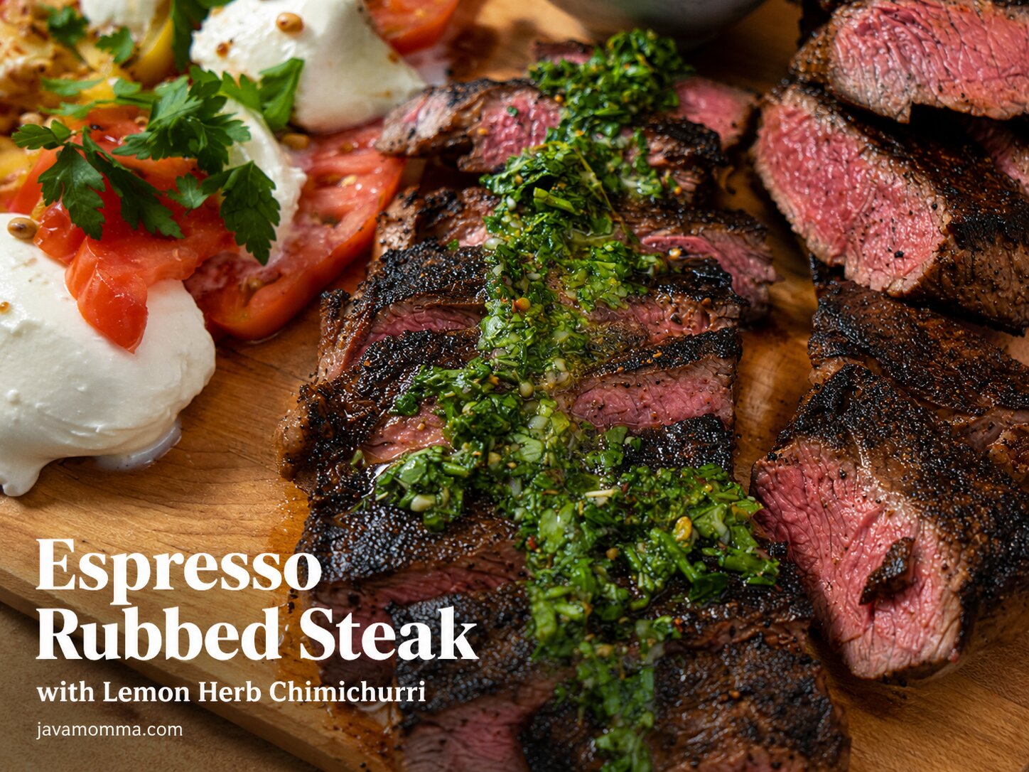 Espresso Rubbed Strip Steaks with Lemon Herb Chimichurri