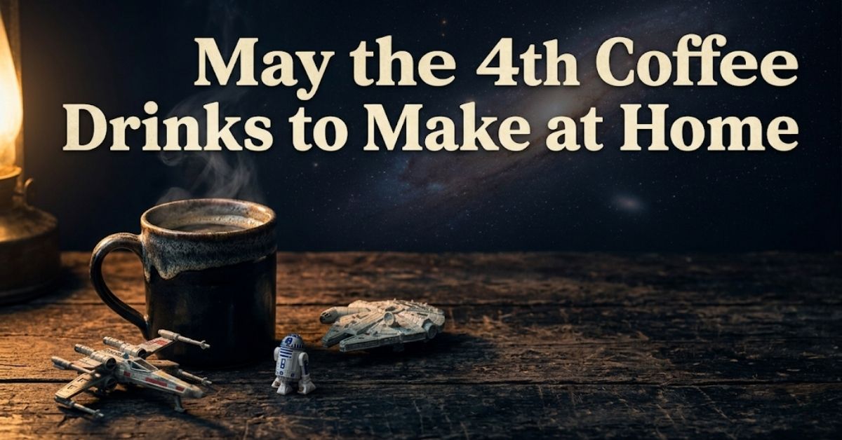 May the 4th coffee drinks to make at home — steaming dark coffee mug on a worn wood surface with miniature space toy figurines and spacecraft models, starfield galaxy backdrop with warm lantern light